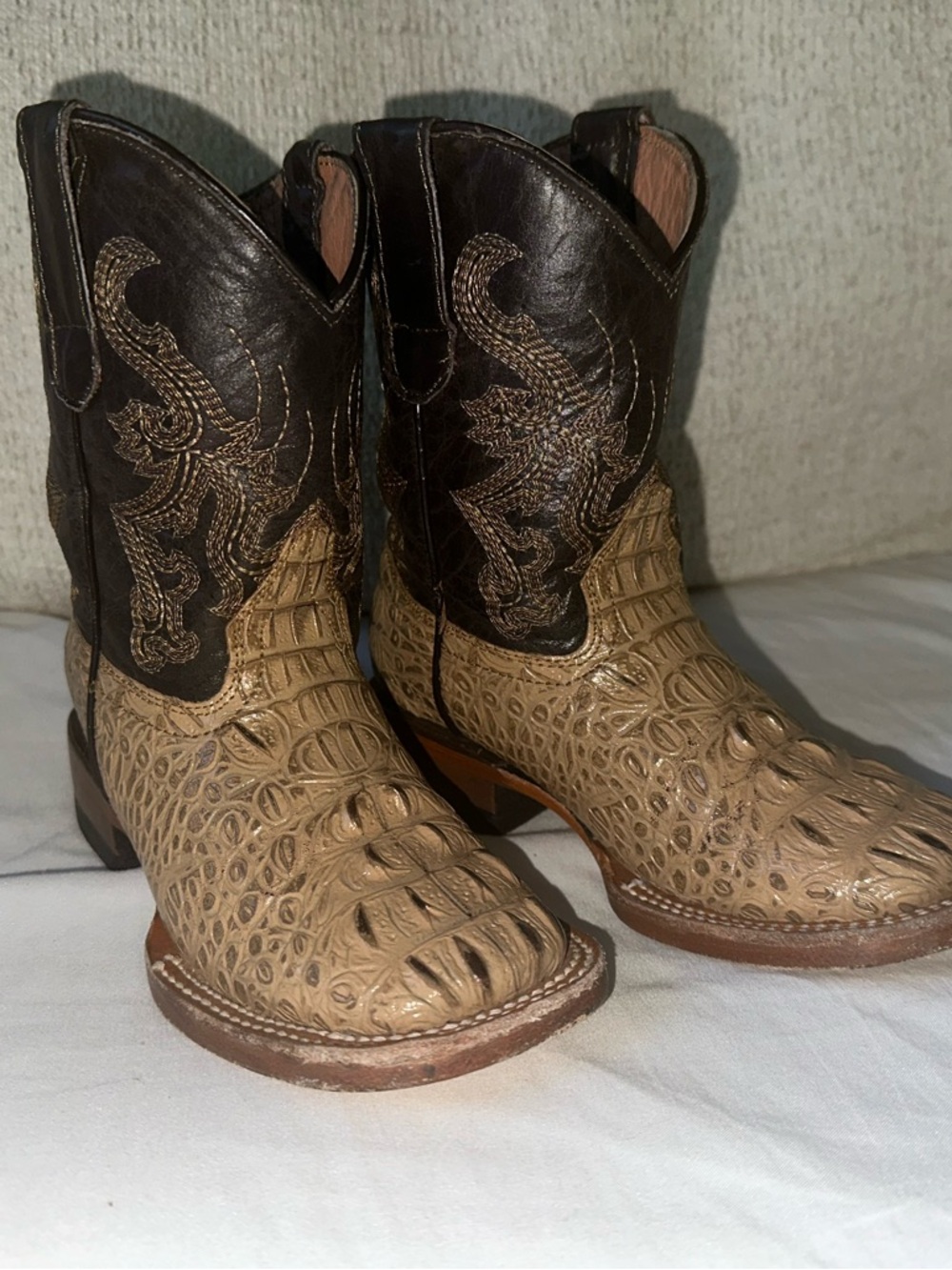 Tanner Mark, Tan Crocodile-Textured Cowboy Boots with Dark Brown Shaft
